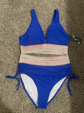 Royal Blue High Waisted Bikini with Multicolor Zigzag Waistband